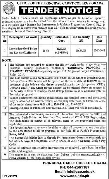 Cadet College Okara Tender Notice